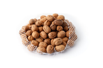 Closeup of packed walnuts in open netted bag, useful for food branding, eco packaging, farm-to-table visuals, and health-focused product promotion.