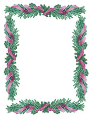 Christmas fir branch with a ribbons and trimmings frame- watercolor clipart of festive decorations for cards,invitations and menu.