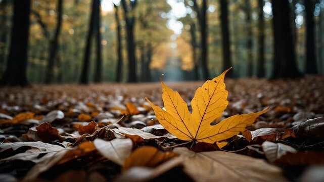A single yellow leaf lying on the forest floor, great for fall or autumn themed 