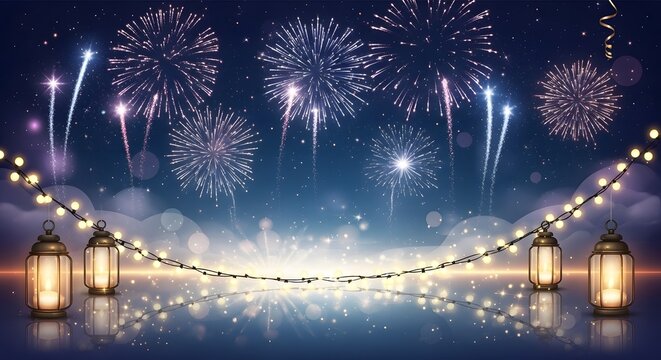 Festive night sky with fireworks and hanging lanterns, bokeh lights