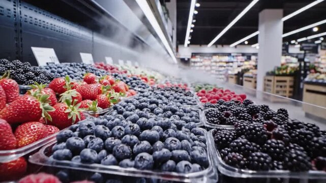 Fresh berries displayed in a supermarket with mist for freshness, shoppers browsing in the background