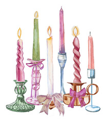 Christmas candles in vintage candle holders decorations-watercolor clipart of festive decorations for cards,invitations.