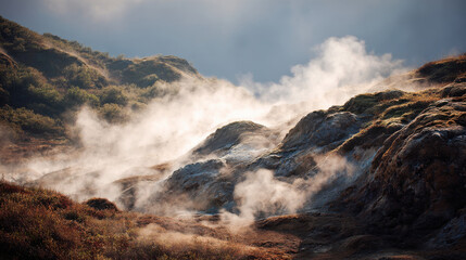 Mountain landscape with fog rolling across rocky hills dramatic nature scene outdoor travel adventure wilderness misty terrain natural photography use