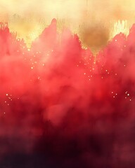 Abstract red to gold gradient background with watercolor texture, soft haze and shimmering drips, scattered golden dots and bokeh glow; elegant festive backdrop.