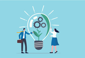 ESG, Environmental, Social and Corporate Governance, company responsibility to care world environment and people concept, business people touch light bulb with seedling green plant and governance gear