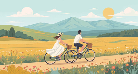 Obraz premium Couple cycling through a serene countryside landscape. Cycling in the countryside under a clear sky. Romantic bike ride through nature’s beauty. Couple riding bikes on a scenic countryside path