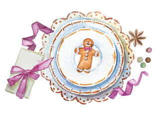 Christmas pink menu illustration - a festive srt of plates,gift,ribbons and trimmings isolated watercolor clipart isolated on white background.