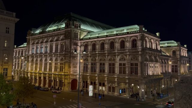 Vienna State Opera (Wiener Staatsoper) from the gallery viewpoint at Evening, a historic opera house and opera company in Vienna, Austria