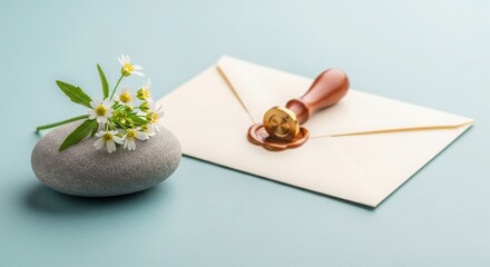 Sealed envelope with wax seal stamp next to a small stone holding chamomile flowers on light blue background