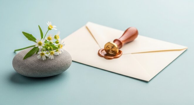 Sealed envelope with wax seal stamp next to a small stone holding chamomile flowers on light blue background