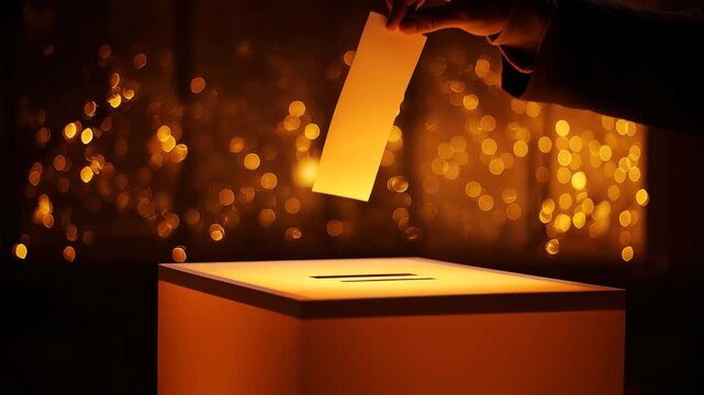 Voter casting ballot at a polling station during evening with warm ambient light