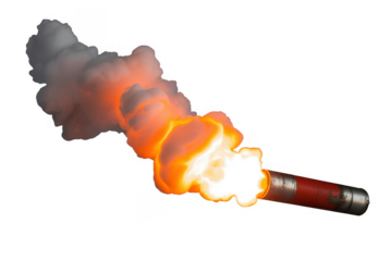 Red flare emitting bright orange flames and white smoke isolated on a transparent background