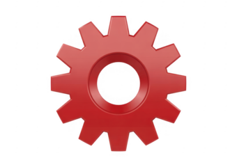 Red gear wheel with twelve teeth and central hole isolated on a transparent background