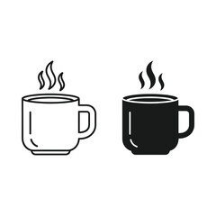 Two steaming coffee cups one outlined and one solid black icon