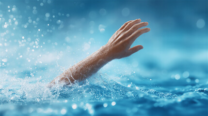 Arm of swimmer cutting through blue water with splashes, capturing energy, motion and athletic determination in an active outdoor swimming scene.