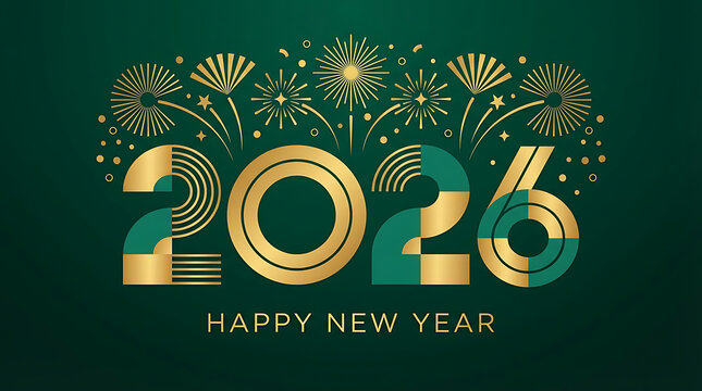 Luxury 2026 New Year. Elegant card for event with abstract golden fireworks and golden numbers on deep green background with geometric pattern. Template for poster, flyer, web, banner.