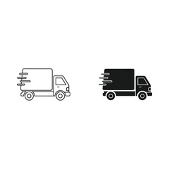 Two stylized icons representing a delivery truck in motion one outlined and one solid black