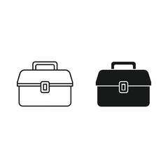 Two simple icons representing a toolbox or briefcase in outline and solid styles