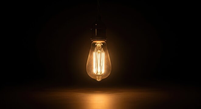 A glowing Edison-style light bulb hangs against a dark background, casting a warm light below. - Powered by Adobe