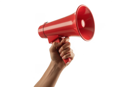 Red megaphone held by a hand isolated on a transparent background - Powered by Adobe