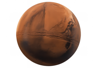 Red planet Mars surface with dark shadows and light brown terrain isolated on a transparent background