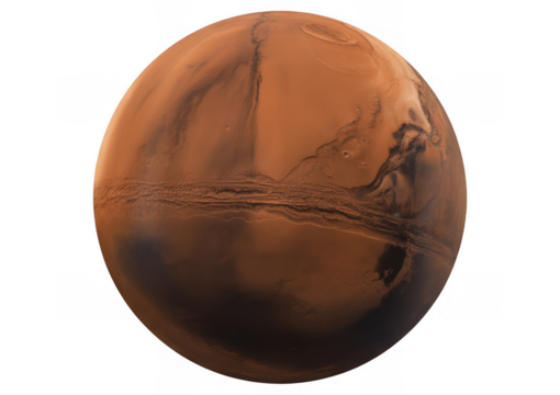 Red planet Mars surface with dark shadows and light brown terrain isolated on a transparent background