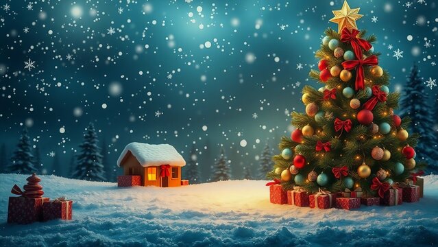 A festive christmas scene with a decorated tree cozy house and falling snow