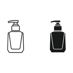 Two simple vector icons of a liquid soap dispenser in outline and solid fill
