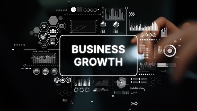 Business Growth Concept Visualized with Analytics Graphics and Data Elements Showing Trends and Progress. Asymptotic smart data analytic.