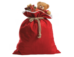 Red Santa sack overflowing with gifts and a teddy bear isolated on a transparent background