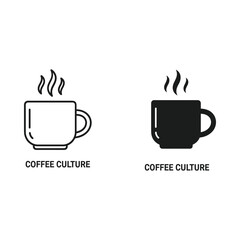 Two coffee cups one outlined and one solid black with steam rising