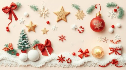 Festive christmas decorations arranged on a cream colored surface holiday season