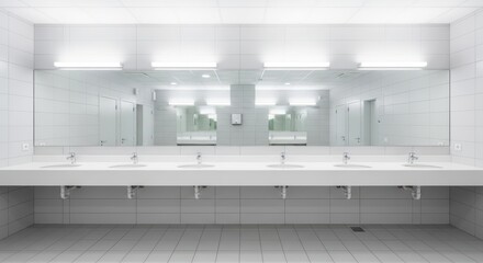 Modern clean white public bathroom with multiple sinks and large mirror