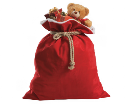Red Santa sack overflowing with gifts and a teddy bear isolated on a transparent background