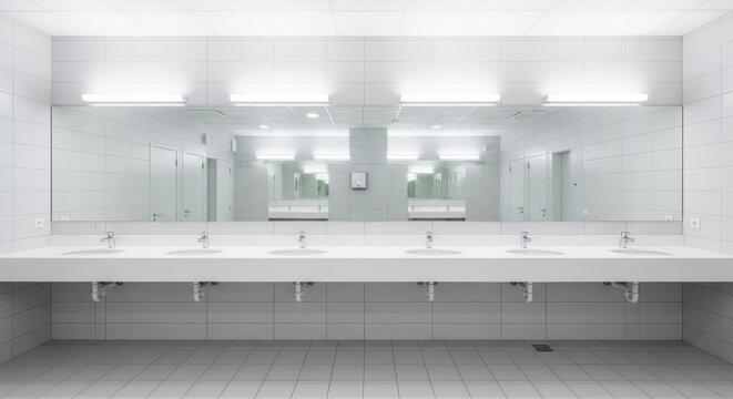 Modern clean white public bathroom with multiple sinks and large mirror