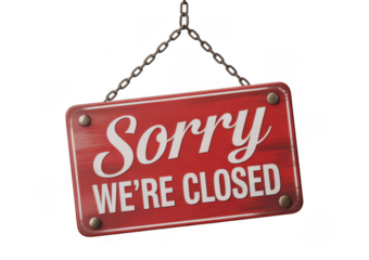 Red wooden sign with white text saying Sorry We're Closed hanging from metal chains isolated on a transparent background