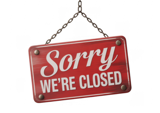 Red wooden sign with white text saying Sorry We're Closed hanging from metal chains isolated on a transparent background - Powered by Adobe