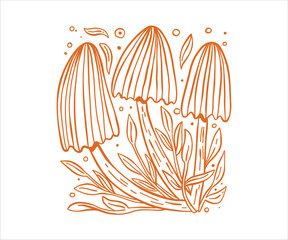 Simple line illustration a cute woodland mushroom. retro sketch elements with a clean white background and a hint of mossy forest atmosphere for a calm natural look.