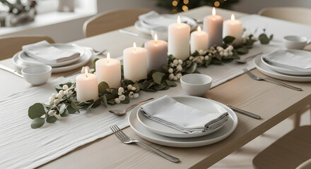 Festive table setting with candles and white berry garland elegant holiday dinner arrangement cozy home interior decor seasonal table decoration inviting setting