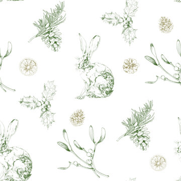 Seamless vintage Christmas botanical pattern in red line art with hare, holly, pine cones and mistletoe. Elegant festive design for holiday packaging, textiles and stationery.