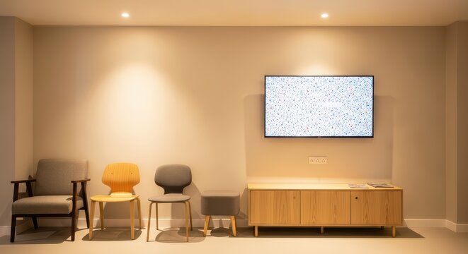 Modern waiting room with mounted television and wooden chairs