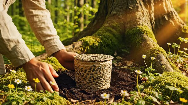 Hands gently placing biodegradable funeral urn into soil at tree base in sunlit forest, cinematic close-up