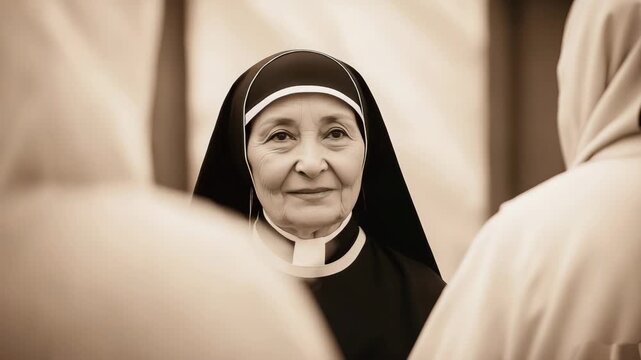 Sister speaks with fellow nuns in a serene setting, showcasing community and faith at a religious gathering