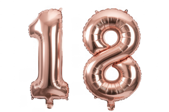 Rose gold number 18 balloons isolated on a transparent background 1