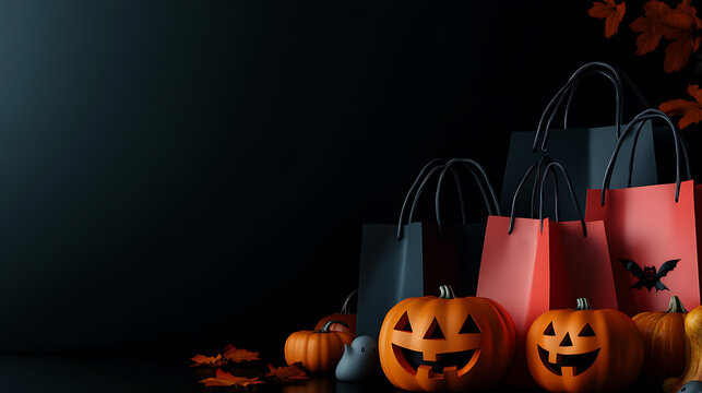 A spooky Halloween social media post template featuring pumpkin and ghost icons, text Happy halloween party with black background, and shopping bags and gift boxes for an special offer or sale event - Powered by Adobe