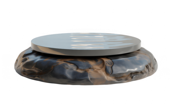 Round stone podium with textured base and reflective top isolated on a transparent background