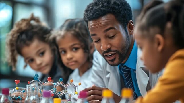 african american educator teaching chemistry and molecule models to diverse kids