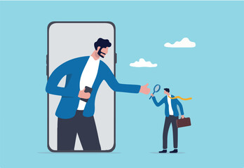 KYC, Know your customer process to identify user in online banking, cryptocurrency trading or cyber transaction concept, businessman using magnifying glass to analyze, identify user on smartphone app