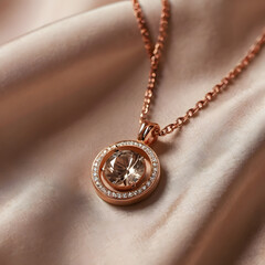 An elegant rose gold necklace with a dazzling gemstone pendant rests gracefully on a luxurious silk fabric, radiating sophistication and timeless beauty.