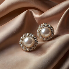 A captivating close-up presents a pair of elegant pearl earrings, their lustrous surfaces gleaming softly against a backdrop of luxurious satin.